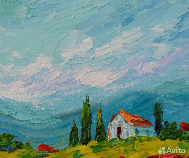 Картина маслом горный пейзаж с домиком и красными