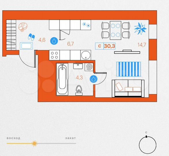 Квартира-студия, 30,3 м², 16/21 эт.