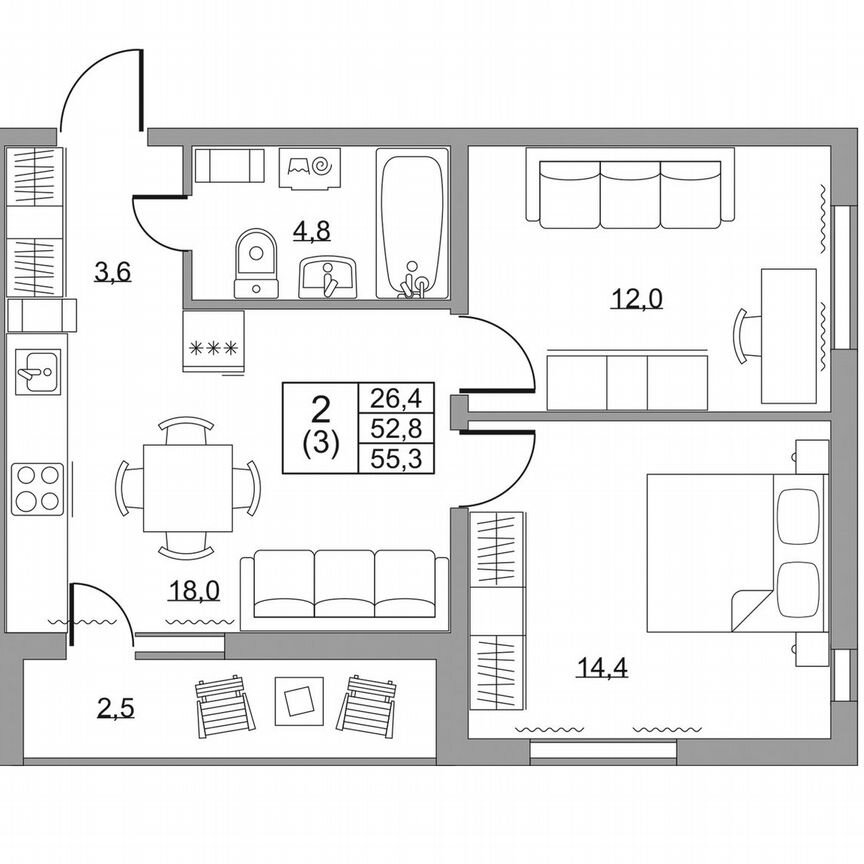 2-к. квартира, 55,3 м², 7/8 эт.