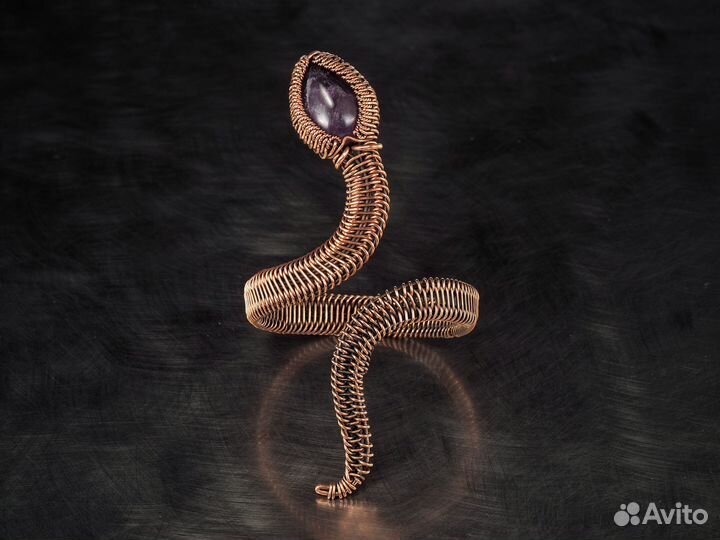 Кафф браслет Змея Аметист Медь Ручная работа