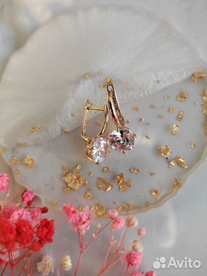 Серьги с цирконом покрытие золото 585 RG