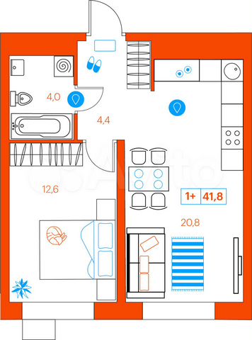 1-к. квартира, 41,8 м², 6/21 эт.