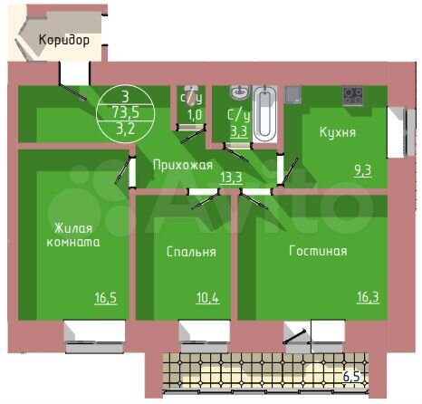 3-к. квартира, 74,4 м², 1/10 эт.