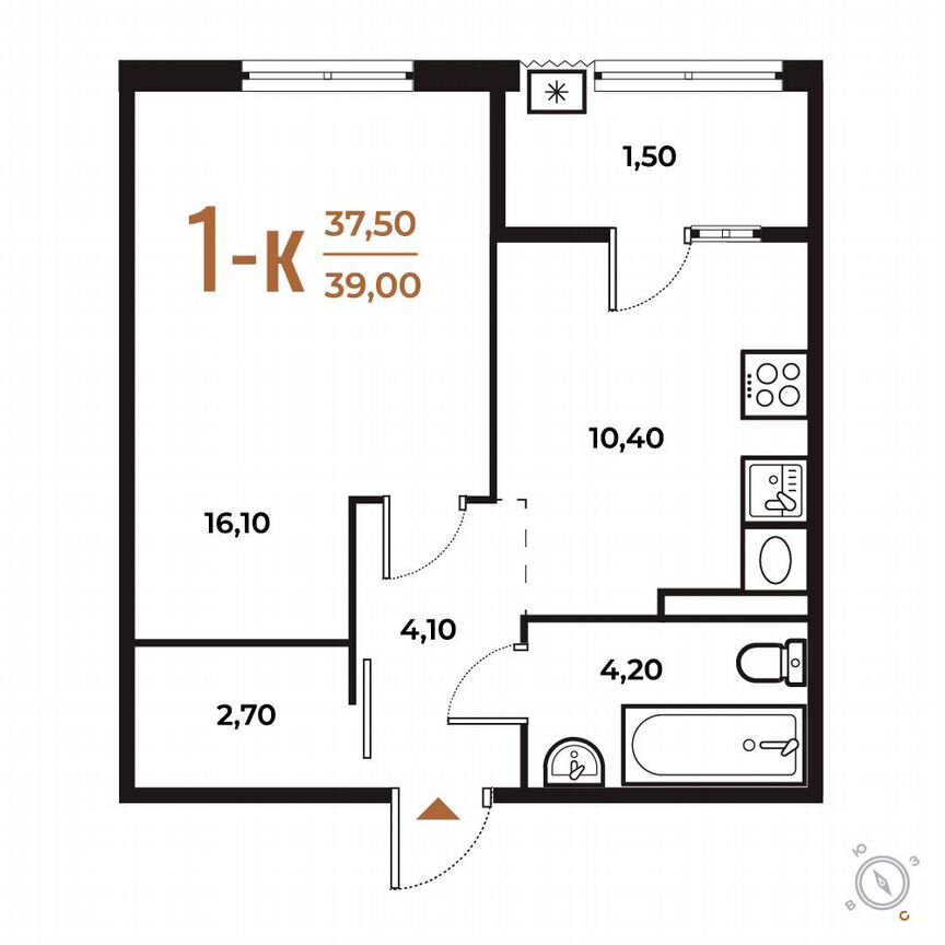 1-к. квартира, 39 м², 4/8 эт.