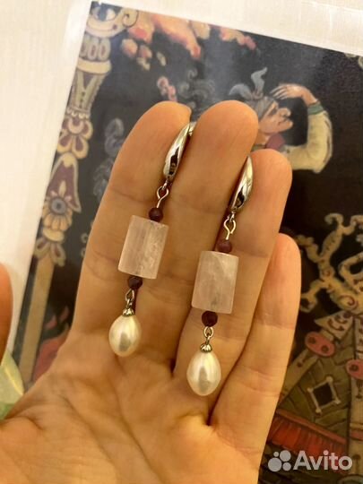 Серьги розовый кварц, рубин, жемчуг