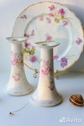 Антикварные фарфоровые парные подсвечники с розами