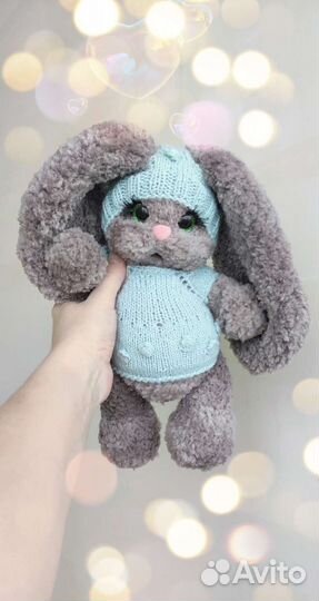 Меховой зайка вязаный, мягкий. Ручная работа