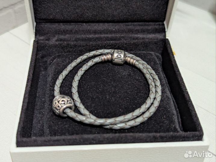 Pandora браслет кожаный с серебряным креплением