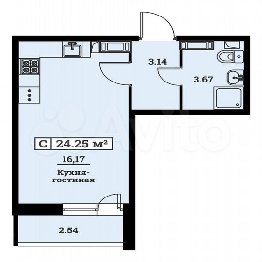 Квартира-студия, 24,3 м², 4/16 эт.