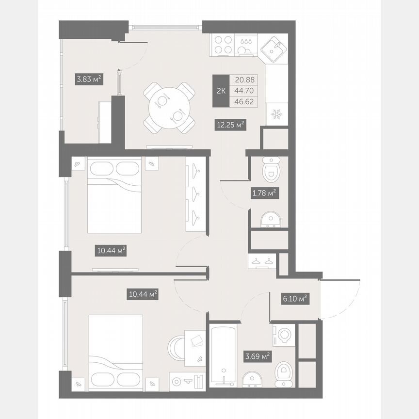 2-к. квартира, 46,6 м², 10/10 эт.