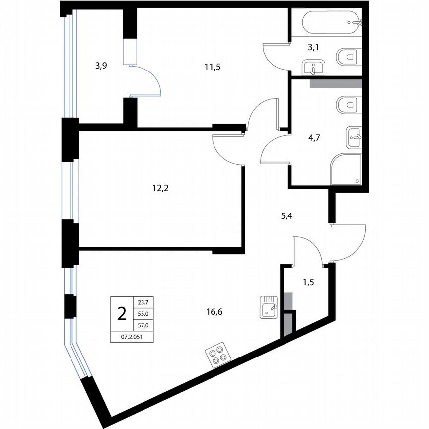 3-к. квартира, 57 м², 2/3 эт.
