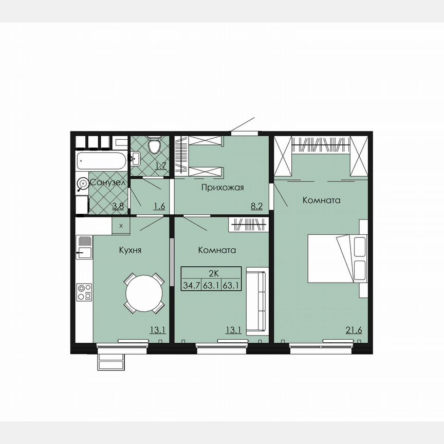 2-к. квартира, 63,1 м², 3/9 эт.