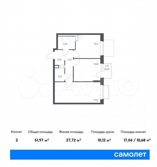 2-к. квартира, 52 м², 14/17 эт.