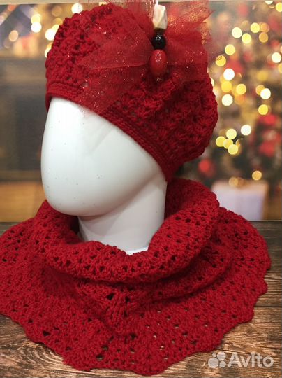 «Малиновый ажур»-ручная работа, комплект вязаный