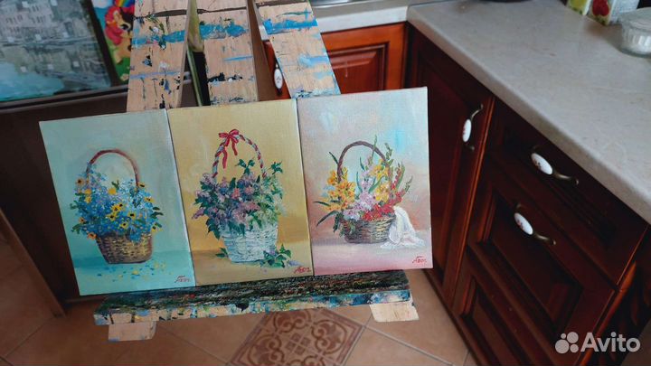 Картины Триптих цветы в корзинках