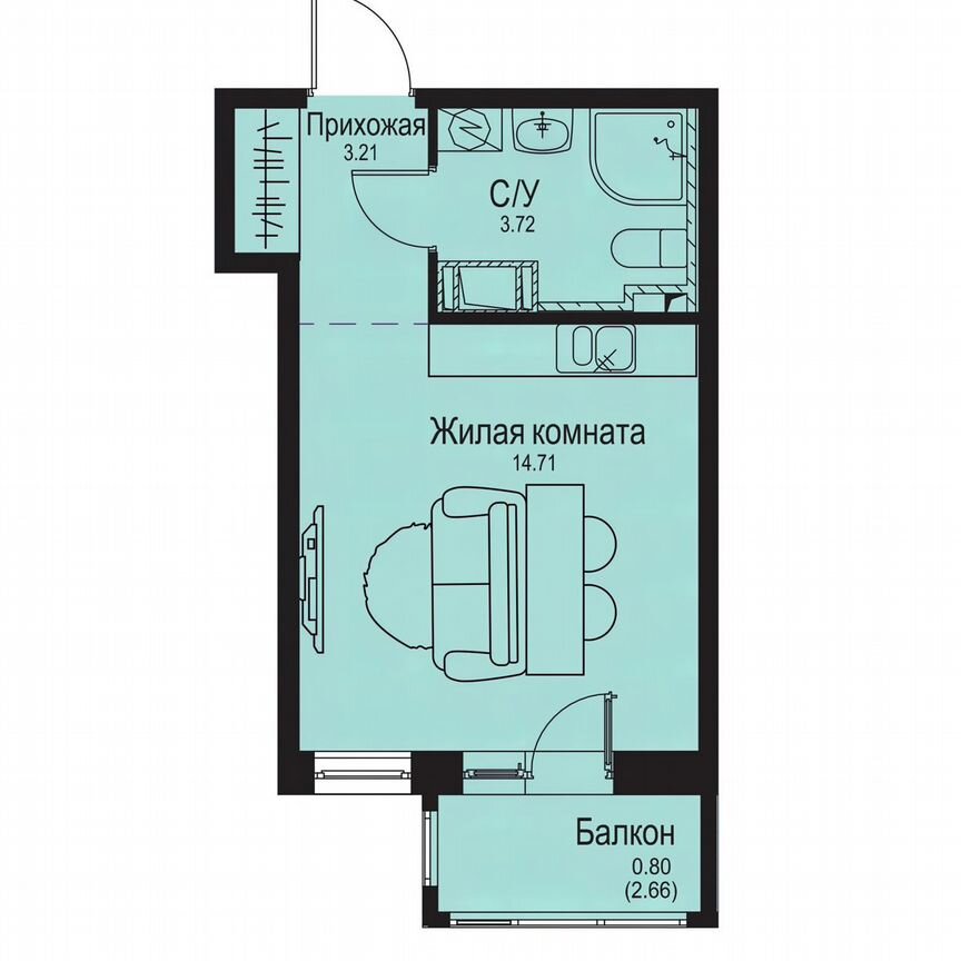 Квартира-студия, 22,4 м², 8/9 эт.