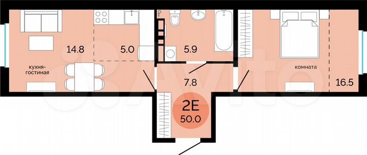 2-к. квартира, 50 м², 5/17 эт.