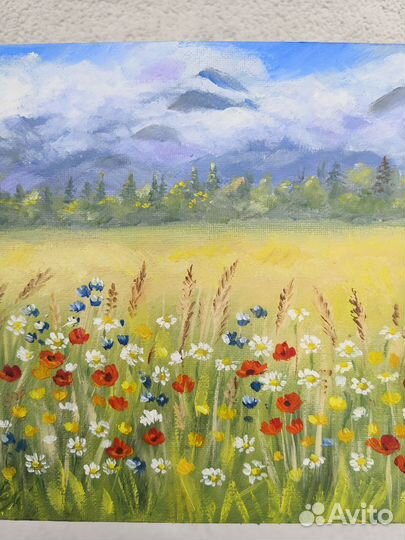 Картина маслом пейзаж с маками 20х20