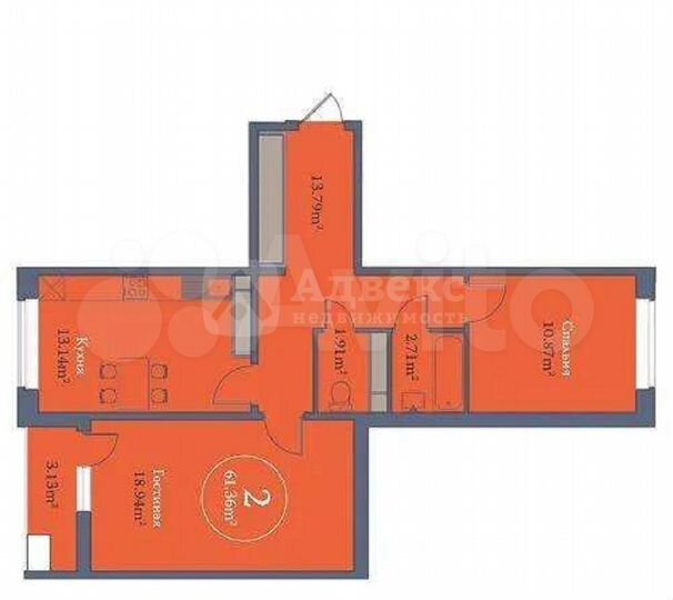 2-к. квартира, 61,4 м², 8/16 эт.