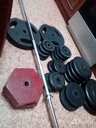 Штанга: гриф, блины, гантели, стойки