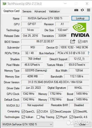 Видеокарта geforce GTX 1050 TI MSI