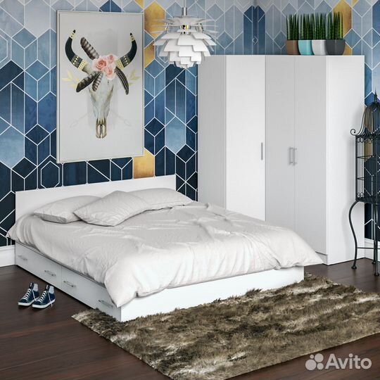 Гарнитур спальный белый № 2 Стандарт с кроватью 1800 с ящиками, цвет белый, спальное место 1800х2000