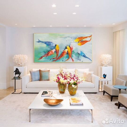 Интерьерная картина маслом на холсте кои