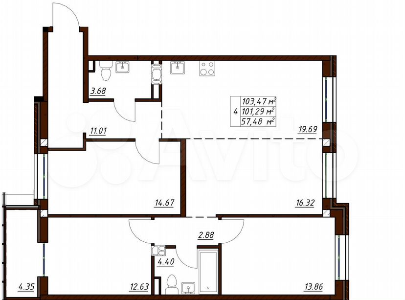 4-к. квартира, 103,5 м², 1/3 эт.