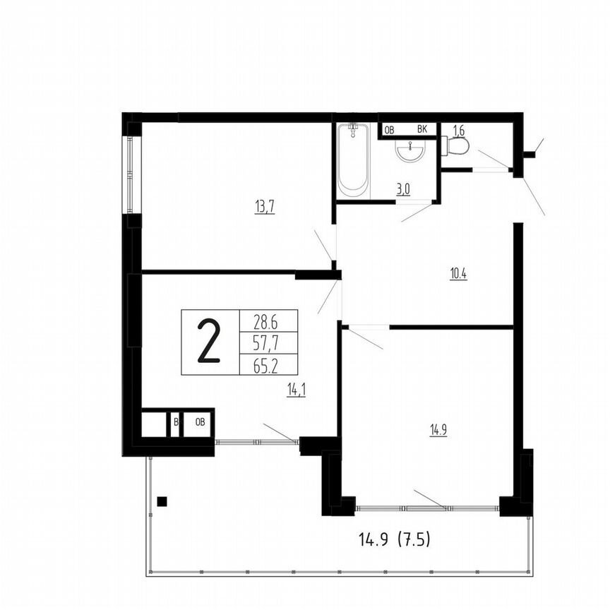 2-к. квартира, 65,2 м², 2/4 эт.