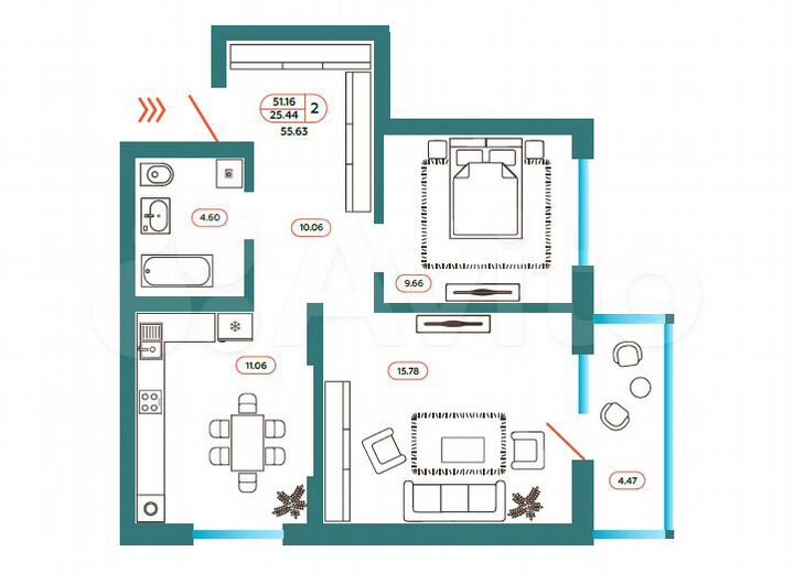 2-к. квартира, 55,6 м², 2/9 эт.