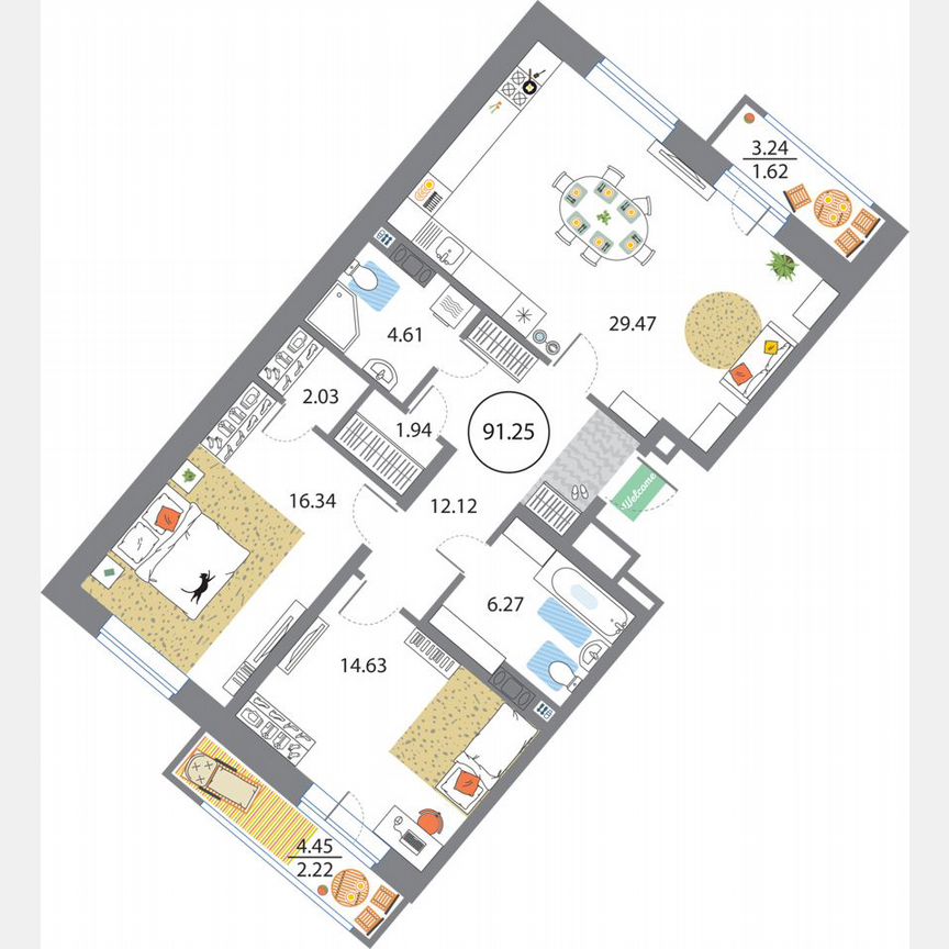 2-к. квартира, 91,3 м², 5/12 эт.