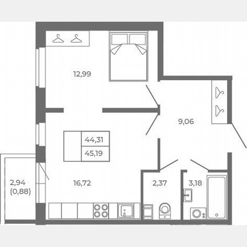 2-к. квартира, 44,3 м², 4/4 эт.