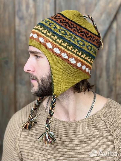 Мужская шапка двусторонняя с ушками зимняя Чульо 100% альпака цвет оливковый-фисташковый