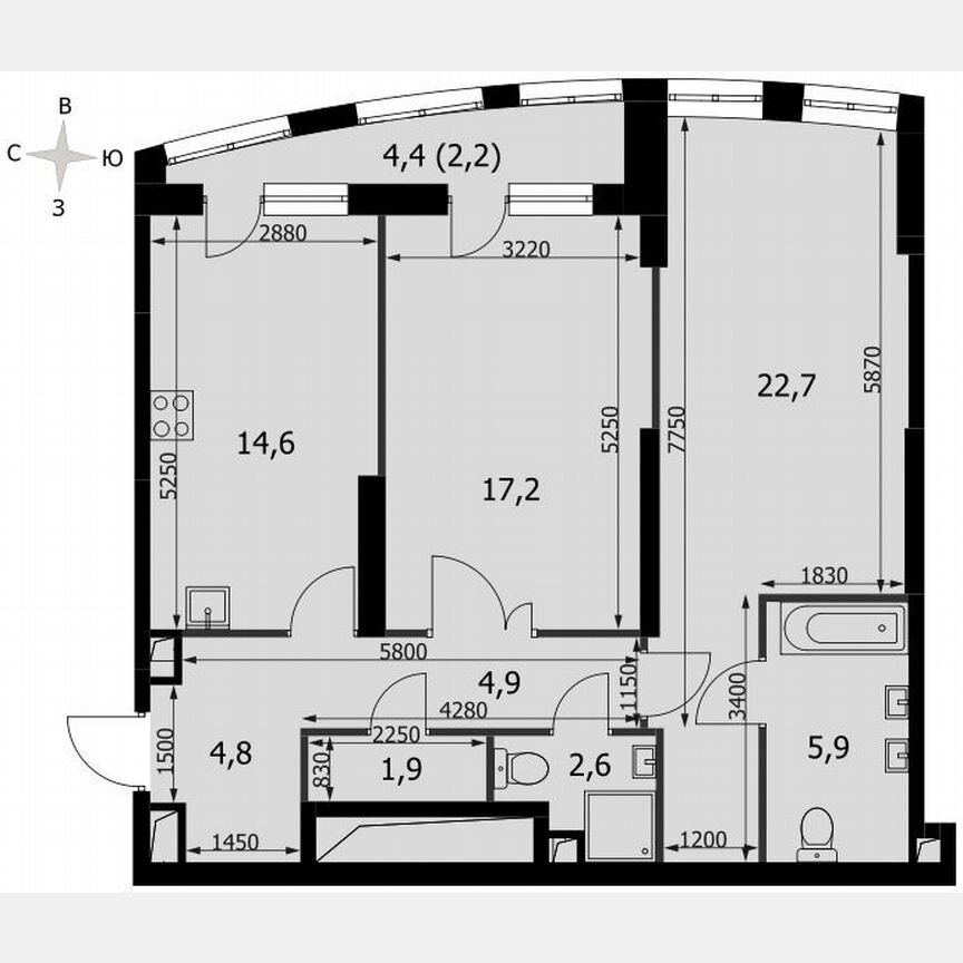 2-к. квартира, 76,8 м², 7/44 эт.