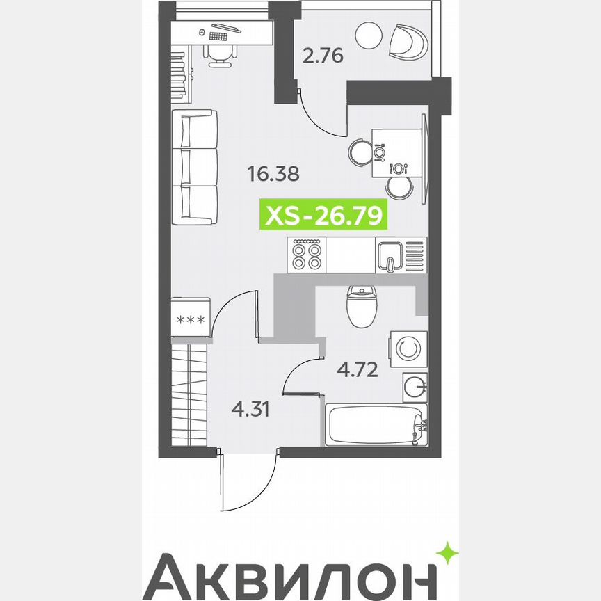 Квартира-студия, 26,8 м², 9/12 эт.