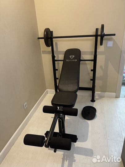 Скамья для жима со стойками+штанга+блины 5 и 10кг