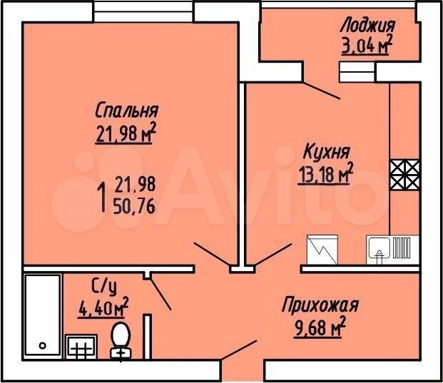 1-к. квартира, 50 м², 1/3 эт.