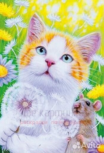 Алмазная мозаика 11x16 Котик и мышка в одуванчиках
