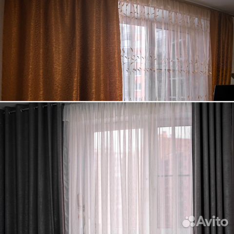 Шторы серые, тюль белый и бежевый