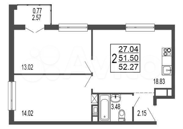 2-к. квартира, 51,5 м², 2/17 эт.