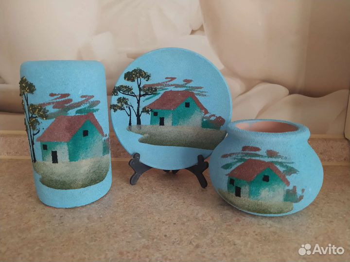 Вазы и тарелка керамика с напылением