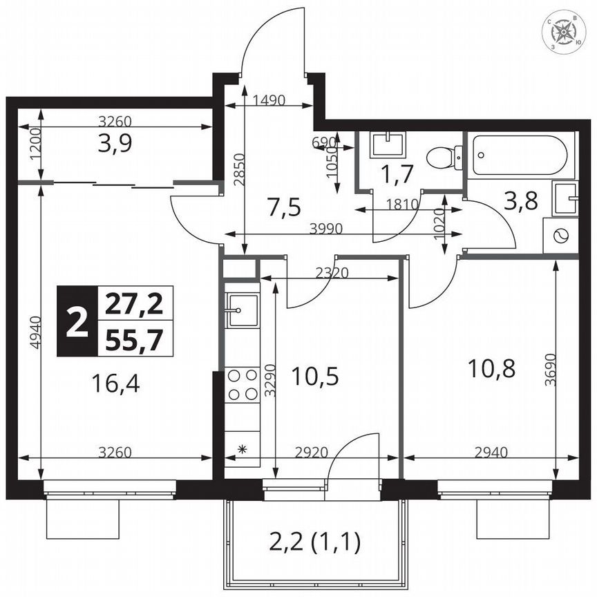 2-к. квартира, 55,7 м², 25/25 эт.