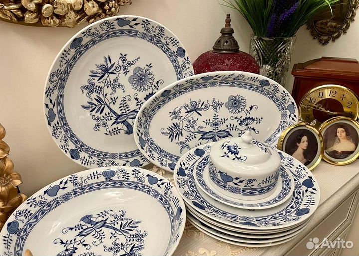 Сервиз Луковый узор, синий лук посуда Чехословакия