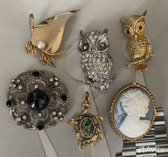 Винтажные броши Сова,кулон черепаха, нифрит