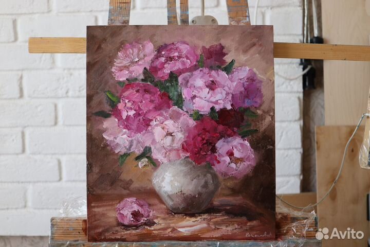Картина маслом Цветы Пионы 35х40см холст картон