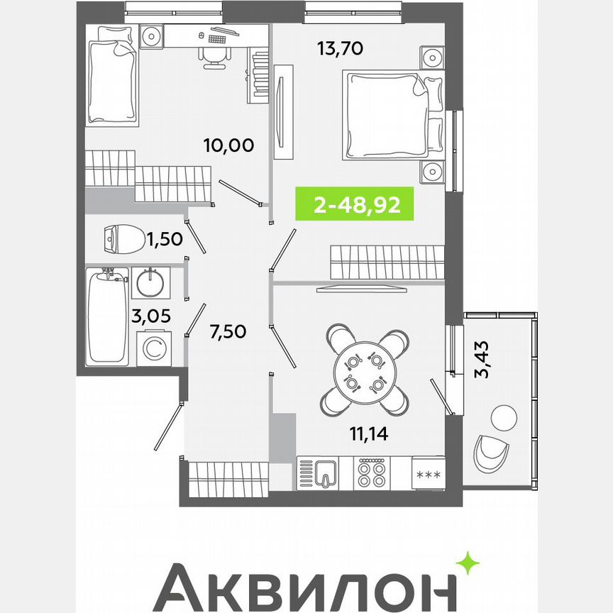 2-к. квартира, 48,9 м², 11/12 эт.