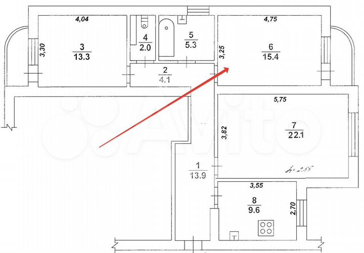 Комната 22 м² в 3-к., 1/10 эт.