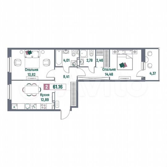 2-к. квартира, 61,2 м², 10/16 эт.