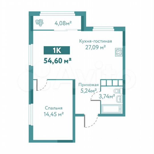1-к. квартира, 54,6 м², 2/10 эт.