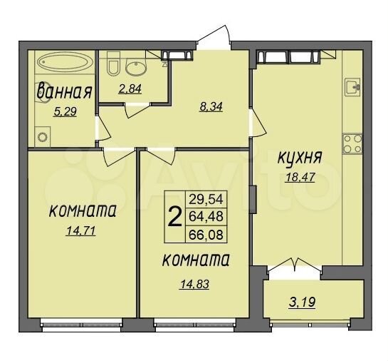 2-к. квартира, 66,1 м², 2/9 эт.